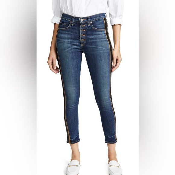 NEW Veronica Beard Crop Slim Fit Button Fly Tuxedo Stripe Jeans in Dark Wash - Picture 5 of 12